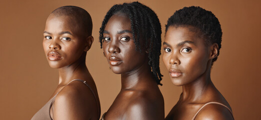 Beauty, face or black women models with glowing skin or afro isolated on brown background. Facial...