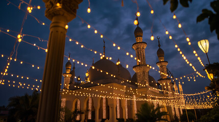 a mosque illuminated with lights and lanterns during the evening of Eid Mubarak