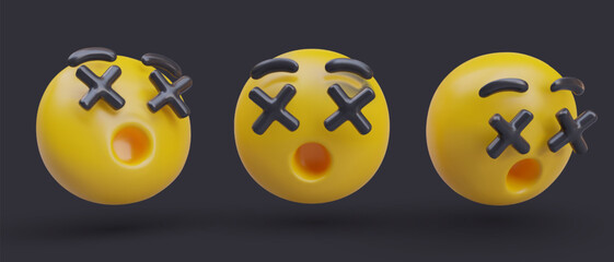 Composition with emoji in different positions. Face with crossed eyes. Emoticon with shock and scared reaction. Vector illustration in 3d style with black background