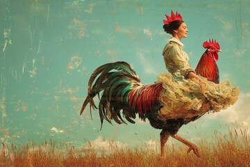 Plowwoman in the shape of a cockerel on a pastel background - obrazy, fototapety, plakaty