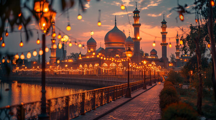 a mosque illuminated with lights and lanterns during the evening of Eid Mubarak