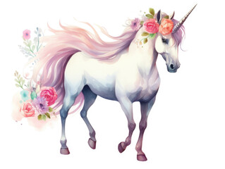Obraz na płótnie Canvas Majestic unicorn adorned with a pastel floral wreath.