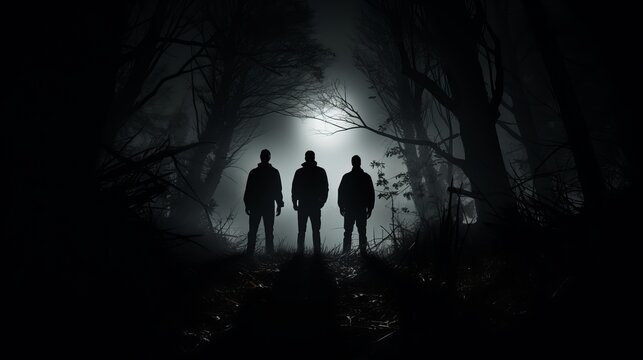 Artificial intelligence generated dark forest silhouettes of men walking on a spooky halloween night.