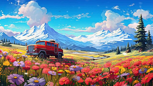 Beautiful anime landscapes, offroad cars in flower fields with snowfall, blue sky and icebergs