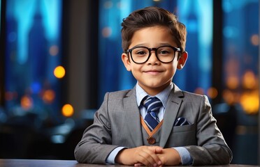 Kid wearing suit and glasses sitting in office room