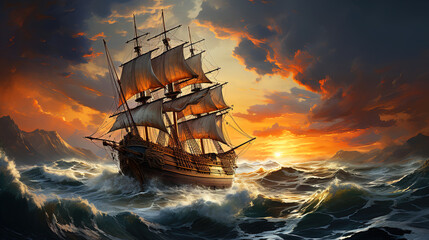 Obraz premium An Adventure Sailing Ship Through on the Sea