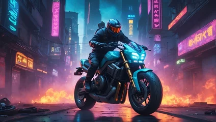 Fotobehang Futuristic Thrills: Motorcycle Ride through a Neon-lit Metropolis © Sba3