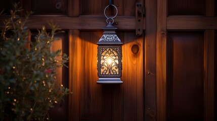 Glowing Lantern by Ornate Wooden Door - obrazy, fototapety, plakaty