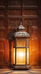 Glowing Lantern by Ornate Wooden Door