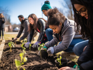 Group of diverse people planting saplings together outdoors.