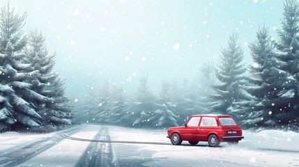 red car in the snowy winter forest