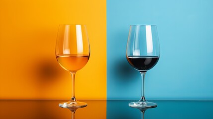 On a blue and orange wall, there are two wine glasses with water.