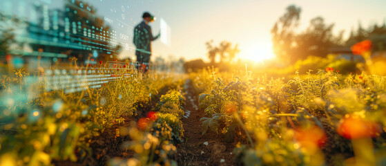 Agriculture and agronomist working in greenhouse at sunset - obrazy, fototapety, plakaty