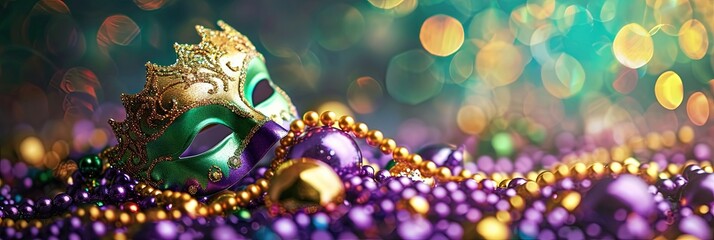 Mardi Gras Mask and beads in purple, green, and gold. Banner for holiday celebration - obrazy, fototapety, plakaty