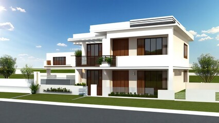 Minimalistic 3D model of a house in white, set on a neutral gray background. Concept for real estate or property.