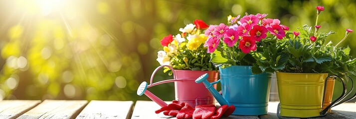 Spring garden outdoor scene with watering bucket, plants, and tools