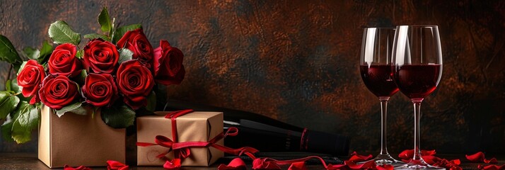 Red roses, wine, and presents for a romantic valentine's day