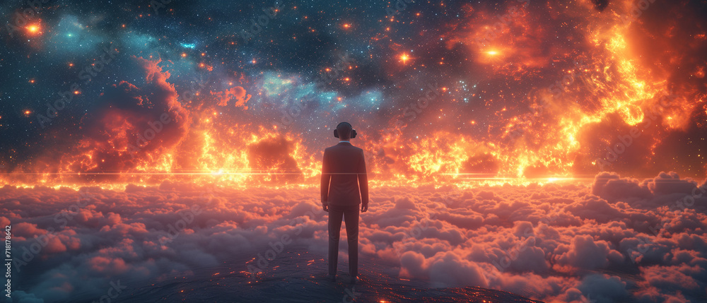 Poster man looking at a big fire in the sky. 3d rendering