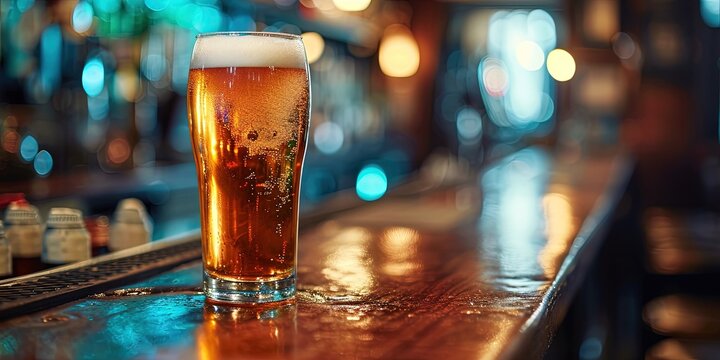 glass of frosty beer on bar counter