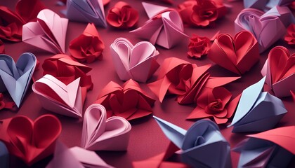 Valentine's  Background. Origami paper folds papercraft, made of paper, stationery.