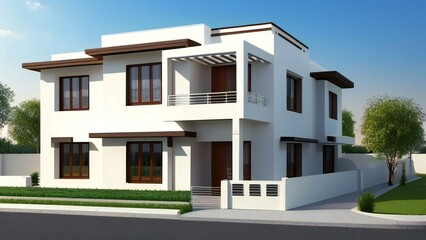 Fototapeta na wymiar Charming, modern 3D house design with an inviting front porch. Concept for real estate or property.
