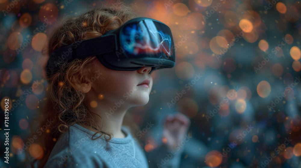 Poster child in virtual reality glasses. future technology concept. 3d rendering