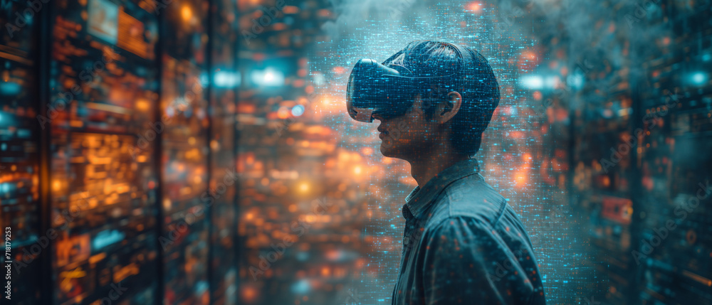 Poster man using virtual reality headset in server room. mixed media. mixed media