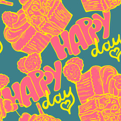 Tasty sweet cupcake dessert decorative seamless pattern for textile design, fabric print, digital or wrapping paper, wallpaper, background and backdrop, bakery shop decoration, cafe, restaurant menu.