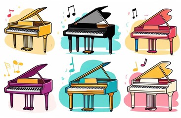 watercolor illustration of set piano with musical notes