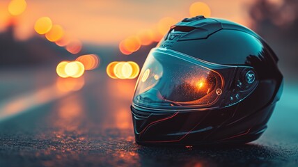 Motorcycle helmet with beautiful sunset background 