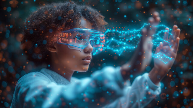 Science fiction image of a young African-American woman wearing virtual reality glasses. Future technology concept.