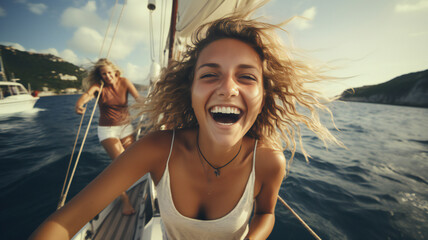 Portrait of a person on a yacht. Happy friends diving from sailing boat into the sea. Travel and summer vacation concept