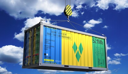 Freight shipping container with national flag of Saint Vincent and the Grenadines hanging on crane hook - 3D illustration - obrazy, fototapety, plakaty
