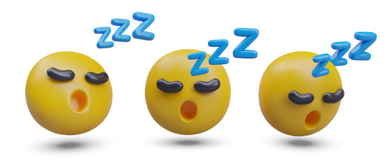 Set of realistic sleeping emoticons. Yellow head closed its eyes and snored. Comic character yawns. Time to sleep. Boring, uninteresting. Modern icons