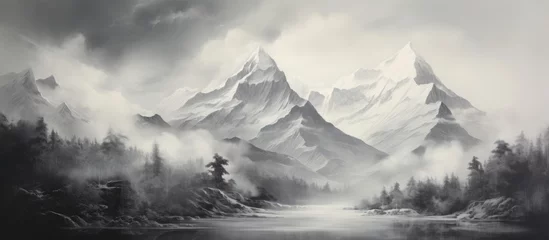  The observer's gaze was immediately drawn to the stunning sight of a beautiful, abstract monochrome mountain landscape, with its decorative and artistic look showcasing the elegance of the black and © Sona