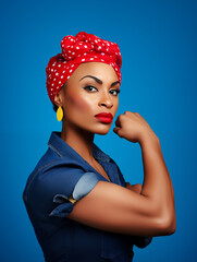 Working Women's Day. Black woman wearing blue work uniform and a red polka-dotted headscarf showing her biceps as a symbol of strength