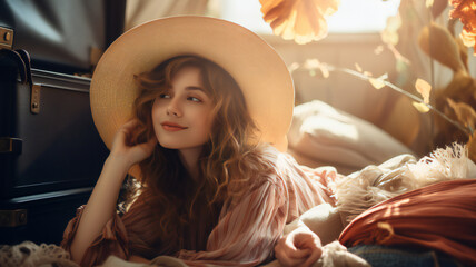 portrait of a woman in a cowboy hat in a cozy bed.  preparing to travel. Open suitcase full of clothes and summer items: hat, sunglasses, swimsuit, passport