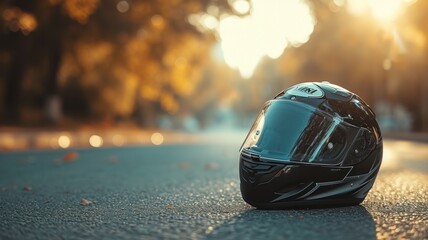 Motorcycle helmet with beautiful sunset background
 - obrazy, fototapety, plakaty