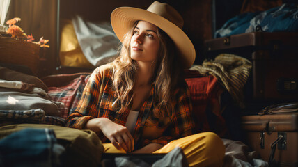 portrait of a woman in a cowboy hat in a cozy bed.  preparing to travel. Open suitcase full of clothes and summer items: hat, sunglasses, swimsuit, passport
