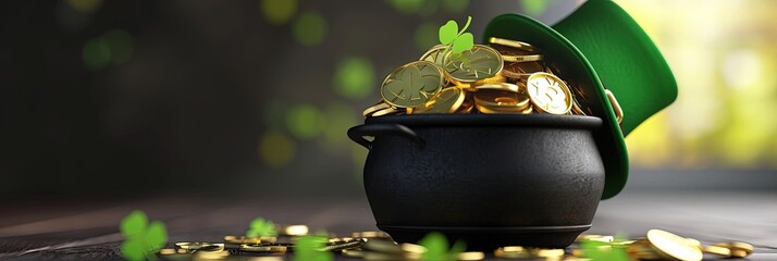 pot of gold coins and shamrocks with a leprechaun hat - obrazy, fototapety, plakaty
