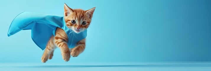 Orange tabby kitten flying in superhero costume with blue cape and mask on blue background