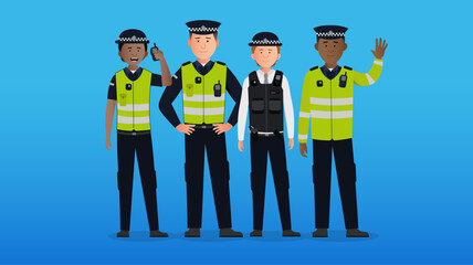 Simple flat police officers vector characters concept. Friendly policeman and policewoman, smiling and waving. Easy to edit flat modern trendy style.
