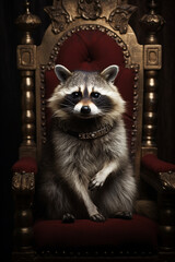Funny moment, the raccoon sits on the royal throne.