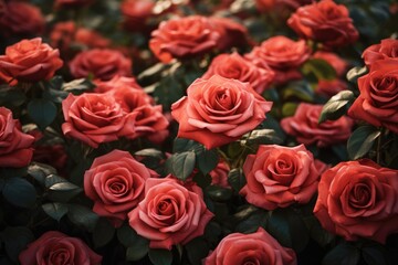 Top view of rose flowers as a background close up Backdrop of colorful roses , Floral art made of colorful artificial roses in view, AI Generated