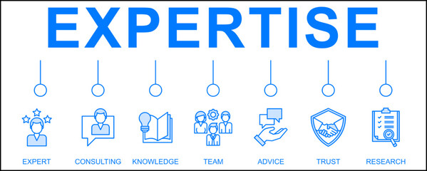 Expertise banner web icon vector illustration concept representing high-level knowledge and experience with an icon of expert, consulting, knowledge, team, advice, trust, and research