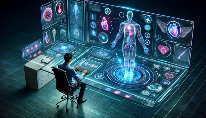 Futuristic medical holographic display shows human body analysis as a doctor interacts with advanced healthcare diagnostic system. Futuristic medicine concept. AI generated. - obrazy, fototapety, plakaty