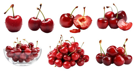 Red cherry cherries, many angles and view side top front heap pile bunch isolated on transparent background cutout, PNG file. Mockup template for artwork graphic design	
 - Powered by Adobe