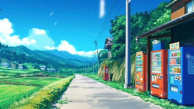 Beautiful anime landscapes, vending machines in the countryside with snowfall