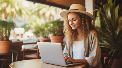 Person working on laptop. Happy young woman in hat planning vacation travel with tablet, computer, reading tourist blog online, booking tickets or hotel room on web. Online shopping