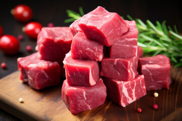 Meat cubes on a wooden board as an ingredient for cooking.